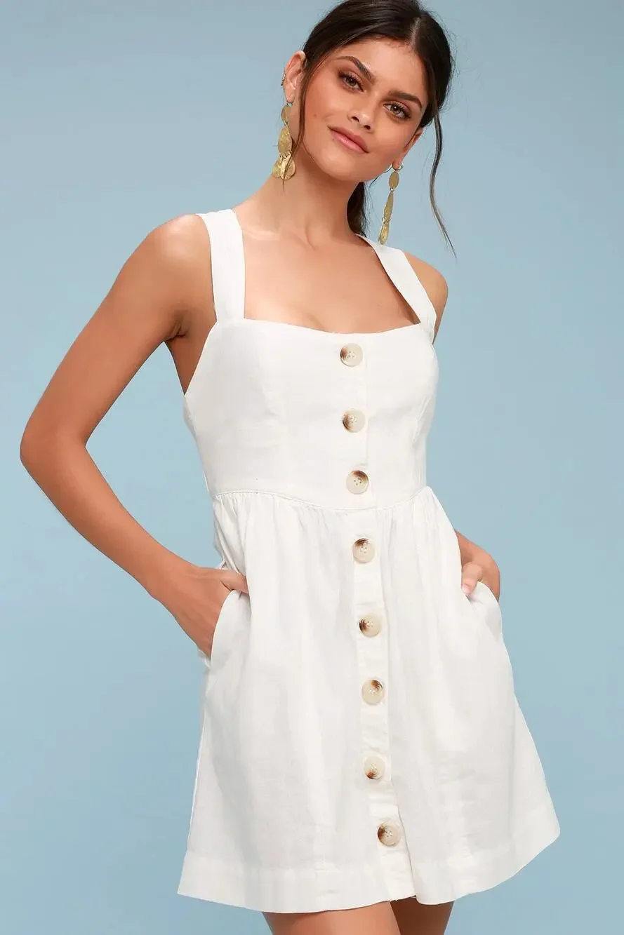 Free People Carolina Mini Dress Linen Button Front White Size 4